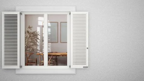 Exterior plaster wall with white window with shutters, showing interior far.. Ilustración de archivo
