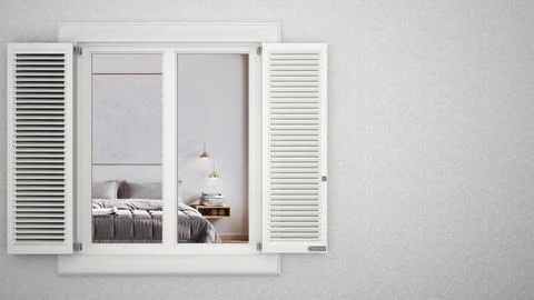 Exterior plaster wall with white window with shutters, showing interior min.. Ilustración de archivo