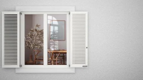 Exterior plaster wall with white window with shutters, showing farmhouse di.. Ilustración de archivo