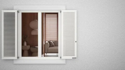 Exterior plaster wall with white window with shutters, showing interior jap.. Ilustración de archivo