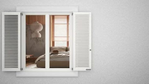 Exterior plaster wall with white window with shutters, showing japandi bedr.. Ilustración de archivo