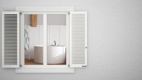 Exterior plaster wall with white window with shutters, showing interior bat.. Stock Illustration
