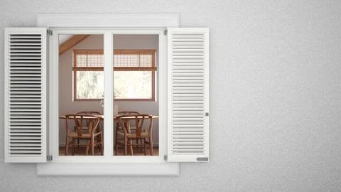Exterior plaster wall with white window with shutters, showing interior jap.. Stock Illustration