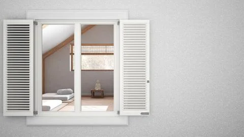 Exterior plaster wall with white window with shutters, showing interior med.. Ilustración de archivo