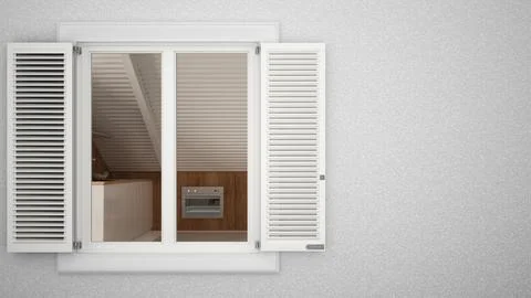 Exterior plaster wall with white window with shutters, showing interior mez.. Ilustración de archivo