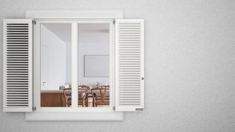 Exterior plaster wall with white window with shutters, showing interior min.. Ilustración de archivo