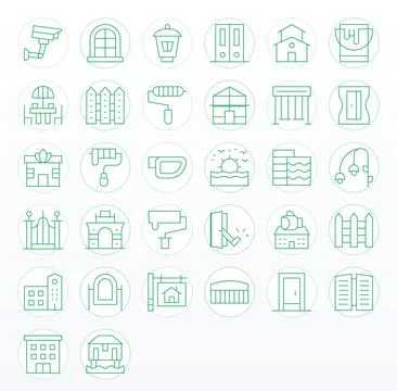 Exterior Professional Vector Set with 32 Thin Line Pixel Optimized High Res.. Illustrazione stock