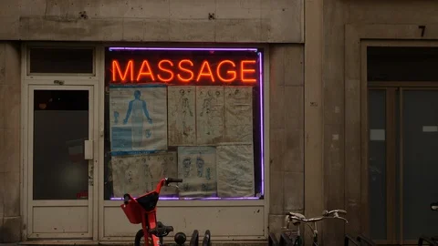 Exterior of seedy Massage Parlor. Stock Footage