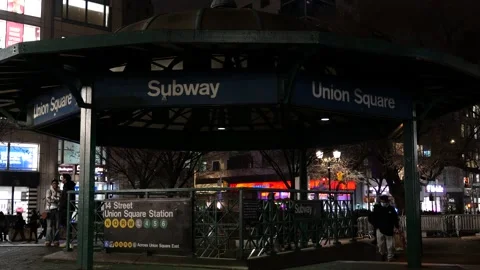 Exterior of Union Square subway stop at night- New York City, NY Stock Footage 234071733