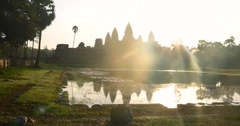 Exterior view of Angkor Wat, largest Hindu and Buddhist religious monument .. Stock Footage 289263575