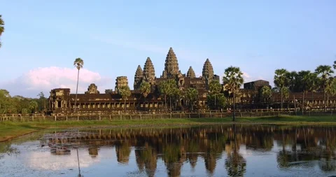 Exterior view of Angkor Wat, largest Hindu and Buddhist religious monument .. Stock Footage 289267908