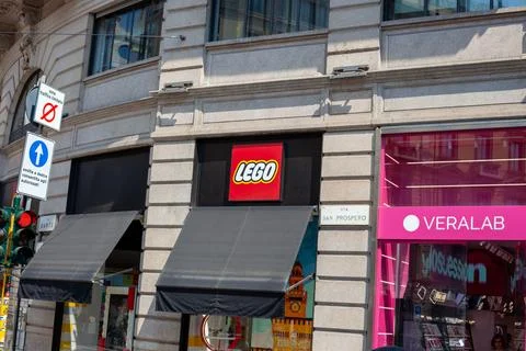 Exterior View of Lego Storefront on Corner of Via Dante and Via San Prosper.. Stock Photos