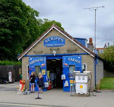Exterior view of Scripps Garage, Goathland, UK, tourist shop. Stock Photos