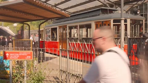 Exterior view of the tramway station and Sassi Superga red tram at platform Stock Footage 345337300