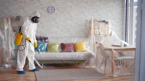 Exterminator cleans the carpet with a spray Stock Footage 105549380
