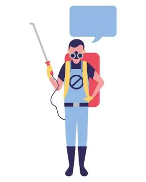 Exterminator man with pest machine speech bubble Stock Illustration
