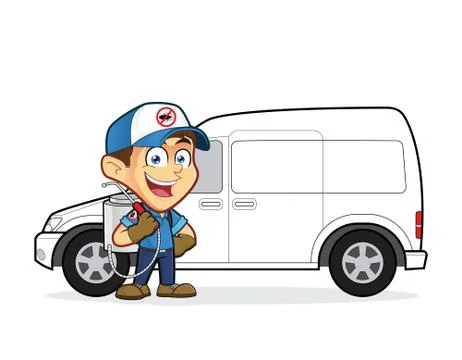 Exterminator or pest control standing in front van Stock Illustration