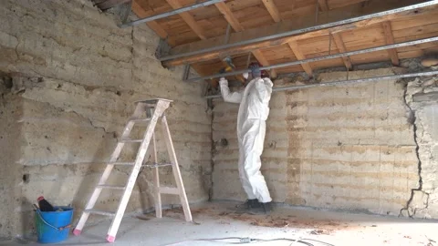 Exterminator Pest Control Examining Woodframe With Parasites. Medium Shot Stock Footage 199030446