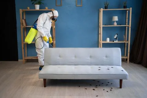 Exterminator from pest control service using spray and insecticide disinfecting 스톡 사진