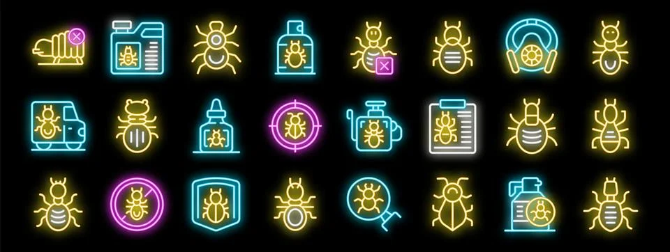 Exterminator service eliminating insects using various methods with neon styl 스톡 일러스트