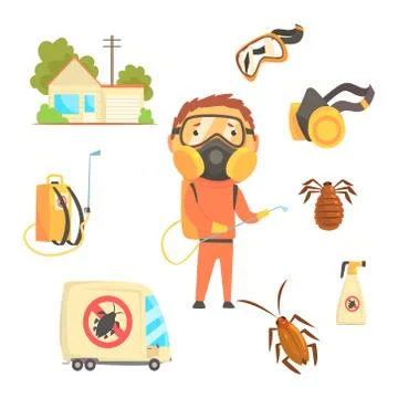 Exterminators of insects in orange chemical protective suit with equipment and Stock Illustration
