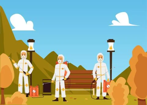 Exterminators poisoning insects in park, flat cartoon vector illustration Ilustración de archivo