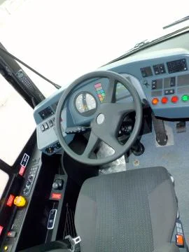 External and interior of the bus both on the passenger side with seats Stock Photos