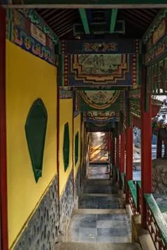 External corridor of the Buddhist temple Stock Photos