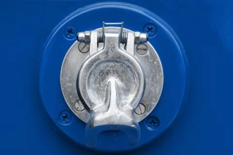 External docking element of the blue retro tram, Museum exhibit, mounting ele Stock Photos