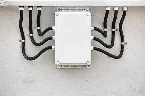 External electrical junction box with corrugated cable channels and wires Fotos de archivo