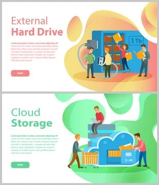 External hard disk drive, cloud storage landing page template. Portable extern イラスト素材