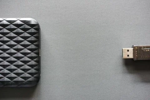 External HDD SSD Enclosure and USB Cable Top View Stock Photos
