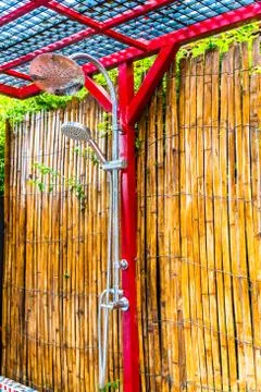 External head shower with bamboo background Stock Photos