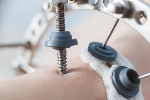 External ring fixation technique Ilizarov, in orthopedic medicine. Close up Stock Photos