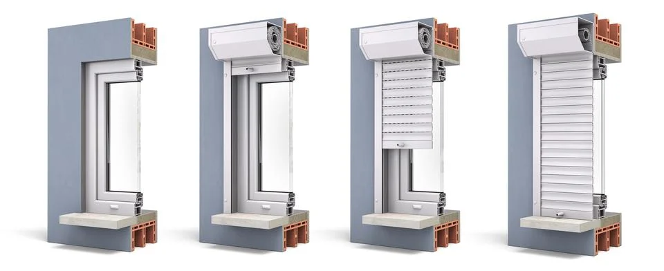 External roller blinds. Cross section of  pvc window shutters. Stock-Illustration
