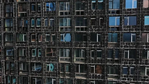 External unfinished facade of a skyscraper close-up aerial view. Stock Footage 151291566