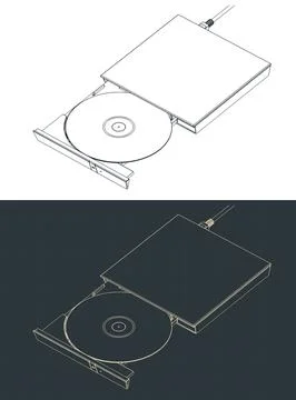 External USB CD DVD drive with disc open isometric blueprint Stock Illustration