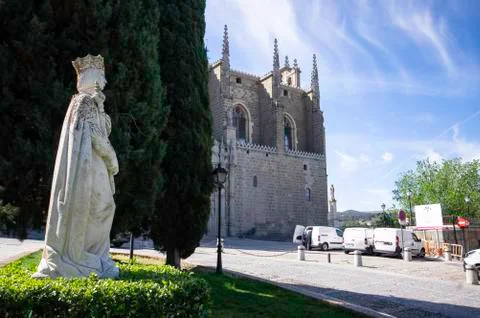 External view of iglesia de santa leocadia with a statue Stock Photos