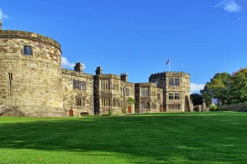 An external view of Skipton Castle and lawns Stock Photos