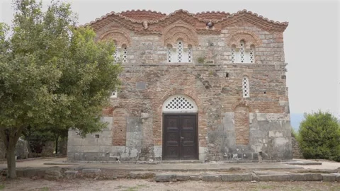 External View of St. Nicholas Monastery Church in Mesopotam Village 스톡 동영상 343462087