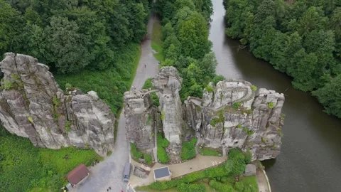 Externsteine Closer Overhead View With A Misty Effect Video stock 339367755