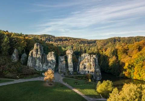 Externsteine rock formation, also called German Stonehenge, in autumn Stock Photos