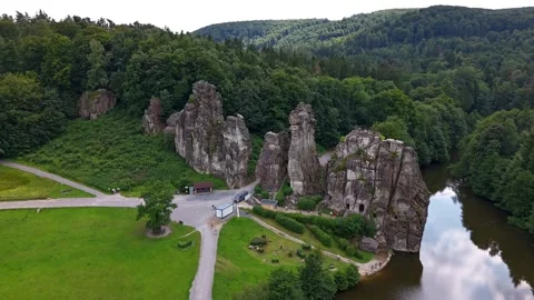 Externsteine Rock Formation Orbiting Aerial Hyperlapse Stock Footage 339367436