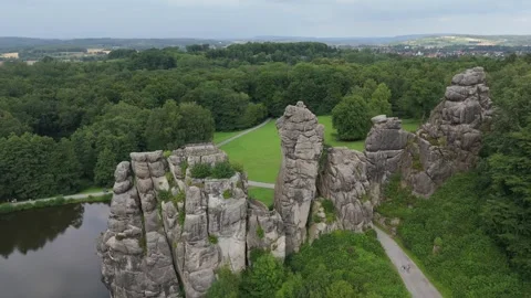 Externsteine Rock Formation Under An Overcast Sky Stockbeeldmateriaal 339367551