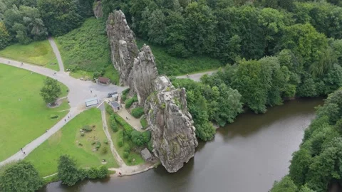 Externsteine Single Rock Spire Above The River Video stock 339368153