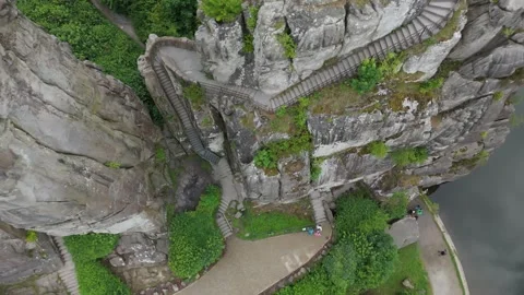 Externsteine Summit Staircase Close Aerial View Stockbeeldmateriaal 339367449