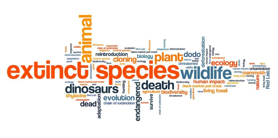 Extinct species - environment issues and concepts word cloud illustration. Wo 스톡 일러스트