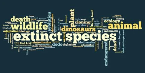 Extinct species - environment issues and concepts word cloud illustration. Wo Illustrazione stock