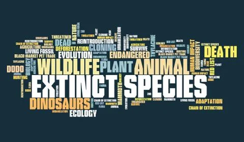 Extinct species - environment issues and concepts word cloud illustration. Wo Ilustración de archivo