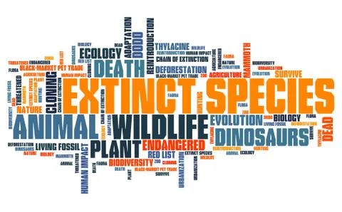 Extinct species - environment issues and concepts word cloud illustration. Wo Stock Illustration